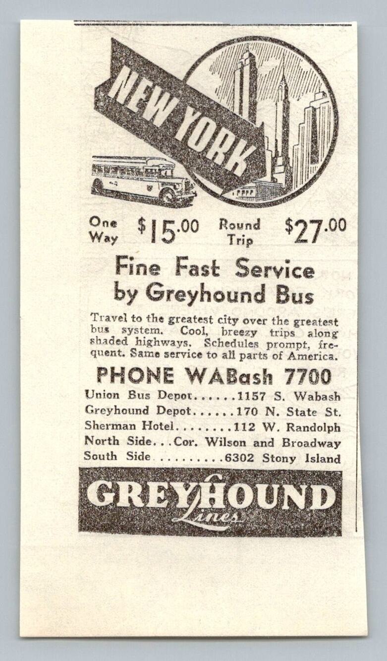 1933 Greyhound Bus New York Chicago Travel Print Ad Vintage Ephemera